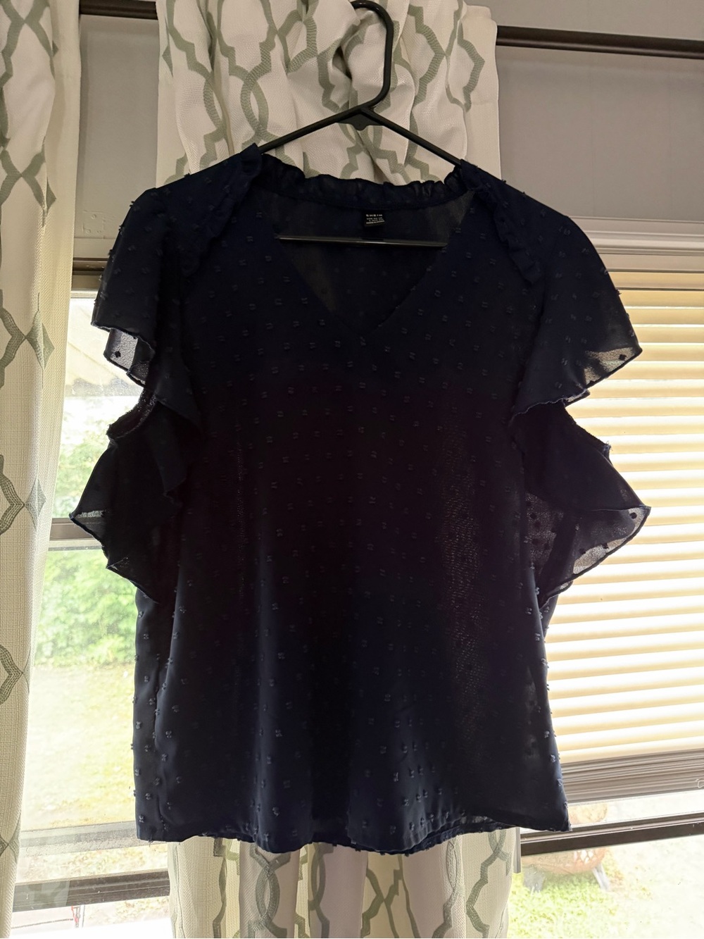 Women’s Navy Ruffle Sleeve Swiss Dot Blouse